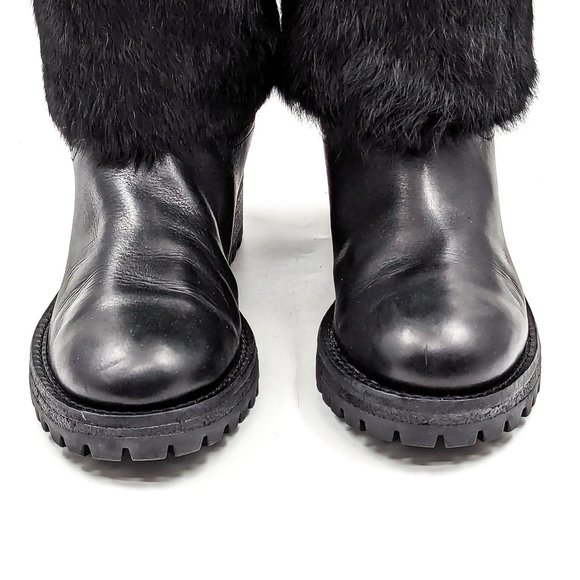 Tory Burch Women Joni Fur Cuff Buckle Logo Black Leather Mid Calf Boots size 7 - Picture 10 of 12